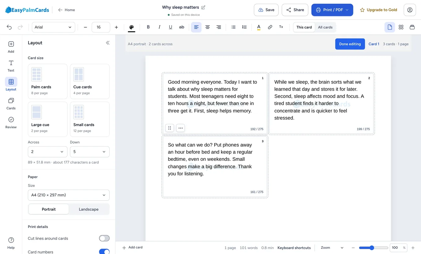 Der EasyPalmCards-Editor mit geöffnetem Layout-Bereich, der Vorgaben für Kartengrößen und drei Moderationskarten auf einer A4-Seite zeigt