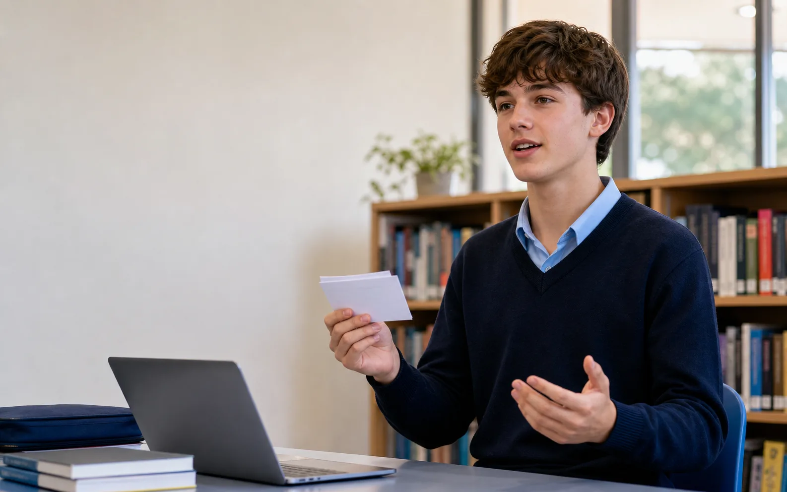 A student rehearsing a presentation from printed palm cards in a school library